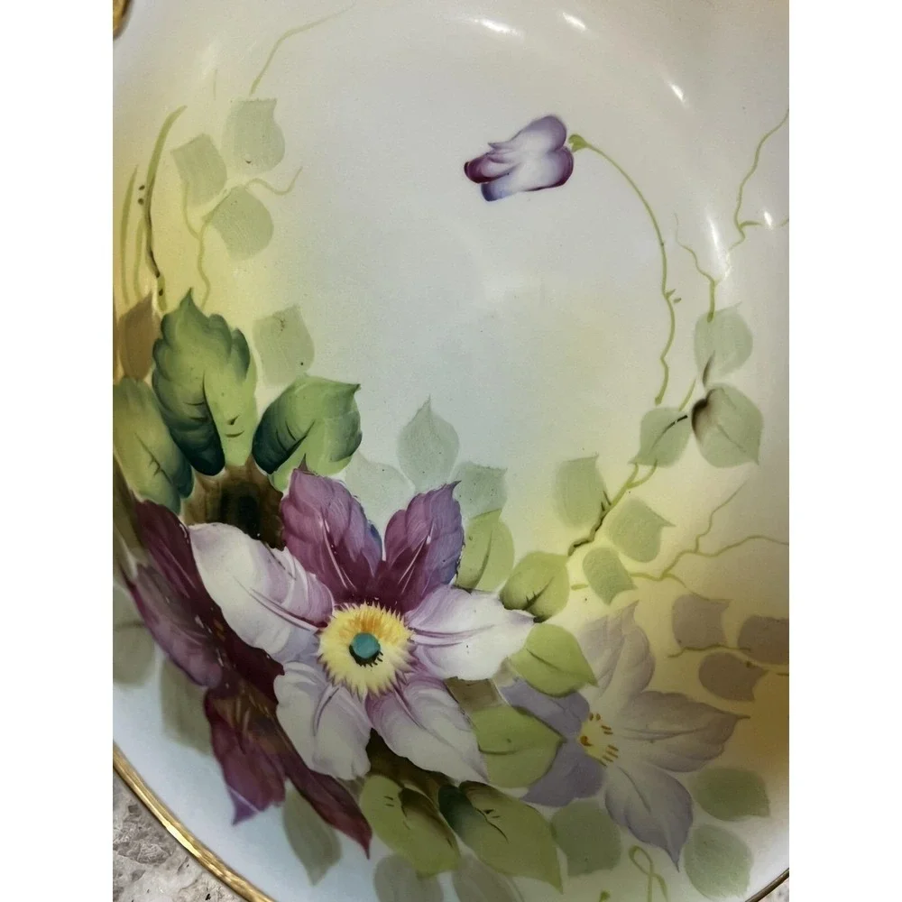 Vintage Hand Painted Berry Bowl‎ Set Purple Clematis Floral Porcelain 7 Piece